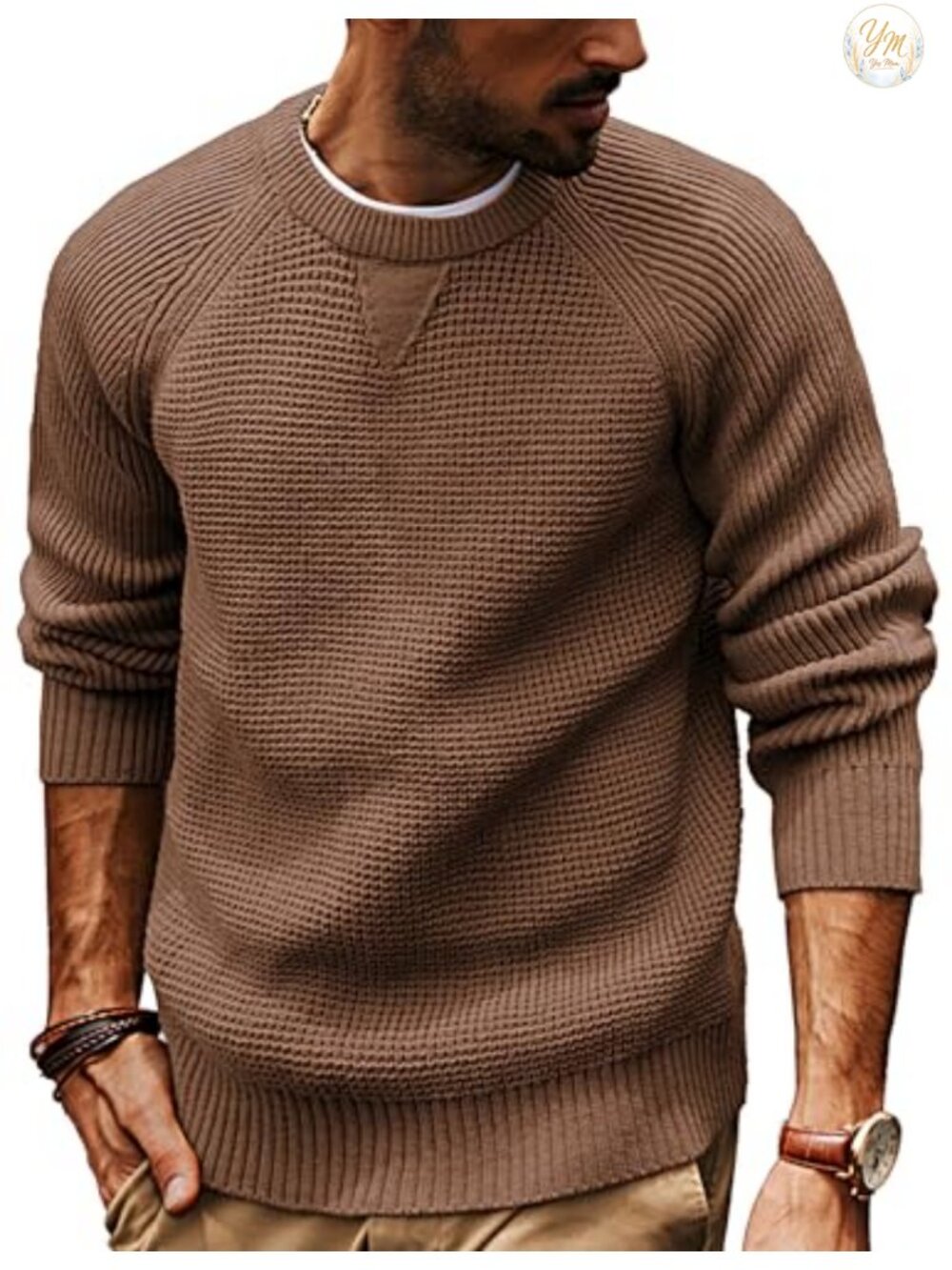 Men's Waffle Knit Crewneck Pullover Sweater Raglan Sleeve